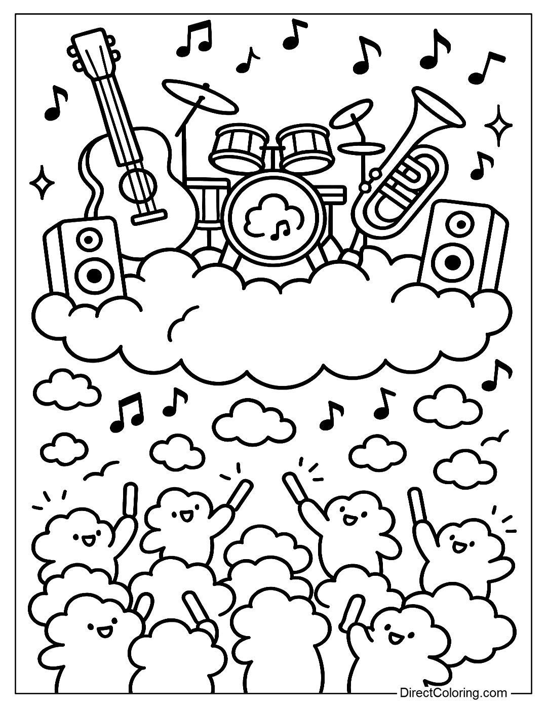 stage-shaped clouds with cloud instruments, small clouds are the audience dancing, holding glow sticks coloring page for kids